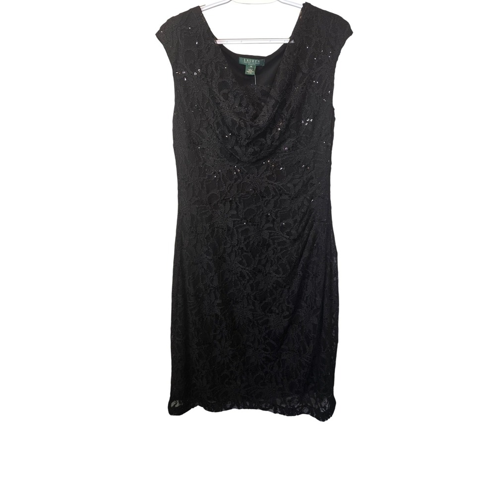 Lauren Ralph Lauren Lace Dress Womens 16 Black Sequin Cowl‎ Neck Sheath LBD NWT